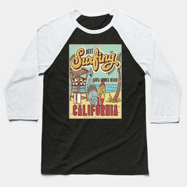 California Surfing Shark Surfboard sand illustration Baseball T-Shirt by SpaceWiz95